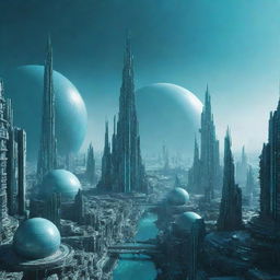 A mystical image of a city on Uranus, showcasing futuristic architecture built to endure the chilly conditions, against the cyan backdrop of the planet.