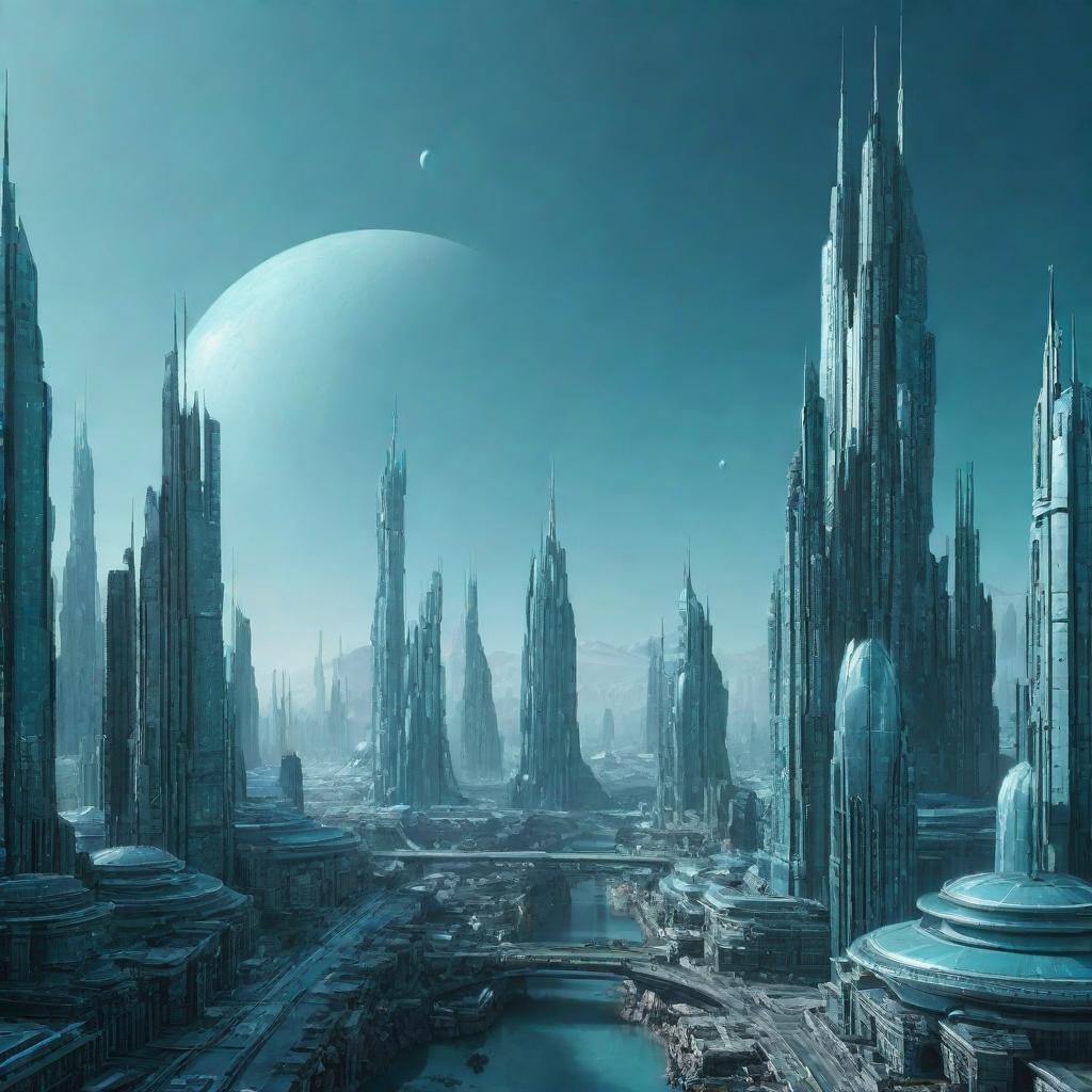 A mystical image of a city on Uranus, showcasing futuristic architecture built to endure the chilly conditions, against the cyan backdrop of the planet.