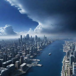 An otherworldly image of city life on Neptune, featuring high-tech buildings designed to withstand extreme climatic conditions, set against a dynamic, deep blue cloud-covered backdrop.