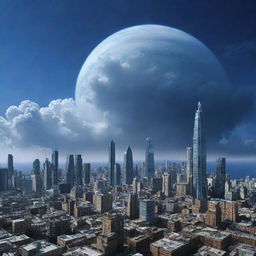 An otherworldly image of city life on Neptune, featuring high-tech buildings designed to withstand extreme climatic conditions, set against a dynamic, deep blue cloud-covered backdrop.