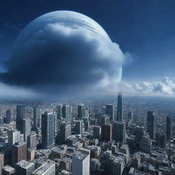 An otherworldly image of city life on Neptune, featuring high-tech buildings designed to withstand extreme climatic conditions, set against a dynamic, deep blue cloud-covered backdrop.