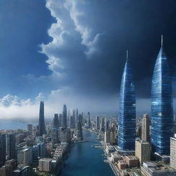 An otherworldly image of city life on Neptune, featuring high-tech buildings designed to withstand extreme climatic conditions, set against a dynamic, deep blue cloud-covered backdrop.