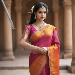 A fierce warrior princess, adorned in a vividly colored saree, positioning her sharp, gleaming sword for an attack, while casting a sidelong, determined glance.