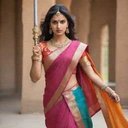 A fierce warrior princess, adorned in a vividly colored saree, positioning her sharp, gleaming sword for an attack, while casting a sidelong, determined glance.