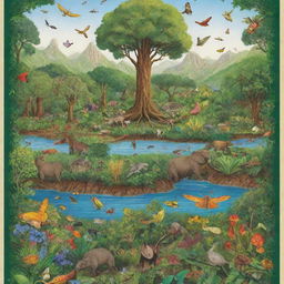 Create a visually educational and vibrant poster of an ecosystem featuring a wide variety of flora and fauna