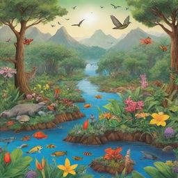 Create a visually educational and vibrant poster of an ecosystem featuring a wide variety of flora and fauna