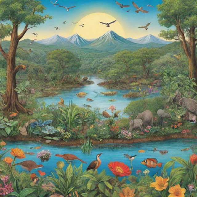 Create a visually educational and vibrant poster of an ecosystem featuring a wide variety of flora and fauna