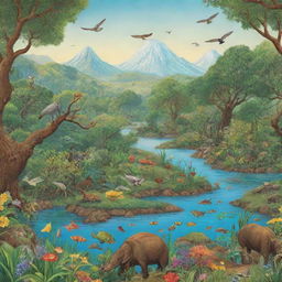 Create a visually educational and vibrant poster of an ecosystem featuring a wide variety of flora and fauna