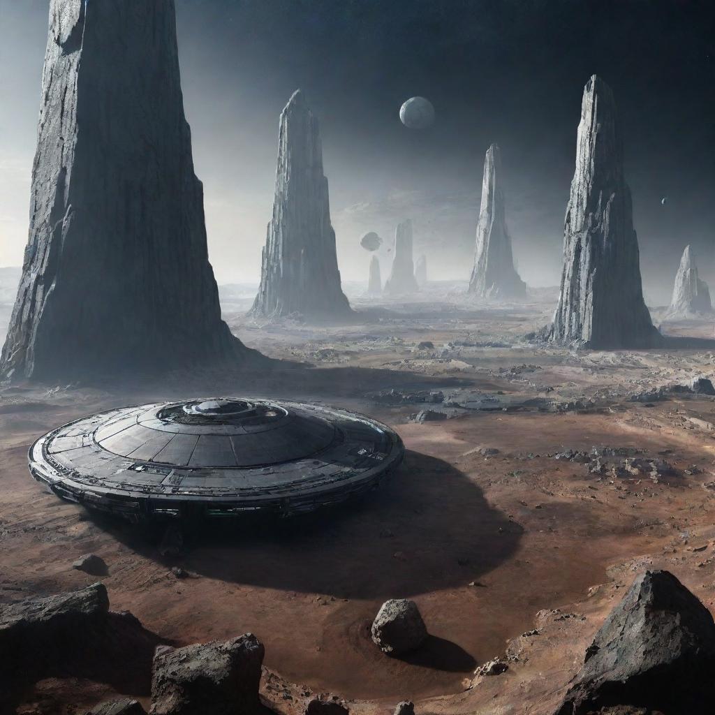 An image depicting a futuristic city nestled within the asteroid belt, featuring structures built into asteroids and advanced technologies for maneuvering in this unique environment.