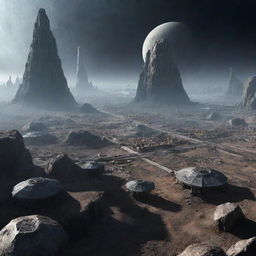 An image depicting a futuristic city nestled within the asteroid belt, featuring structures built into asteroids and advanced technologies for maneuvering in this unique environment.