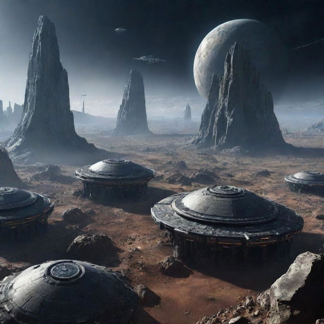 An image depicting a futuristic city nestled within the asteroid belt, featuring structures built into asteroids and advanced technologies for maneuvering in this unique environment.