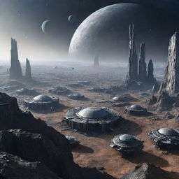 An image depicting a futuristic city nestled within the asteroid belt, featuring structures built into asteroids and advanced technologies for maneuvering in this unique environment.