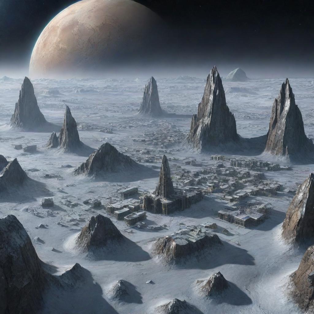 An imaginative rendering of a city on Pluto, depicting architecture designed to survive in the icy, remote conditions of this dwarf planet.