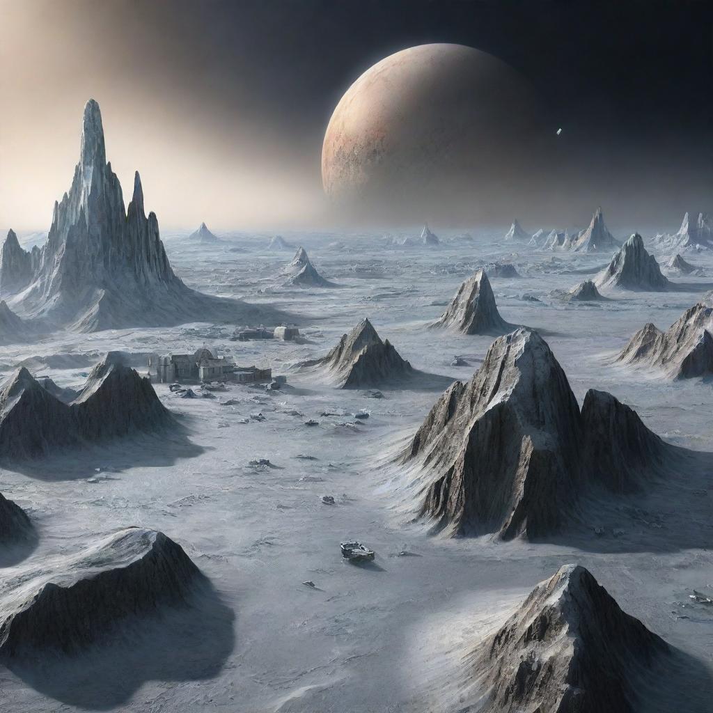 An imaginative rendering of a city on Pluto, depicting architecture designed to survive in the icy, remote conditions of this dwarf planet.