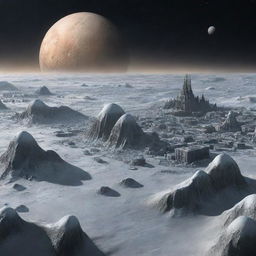 An imaginative rendering of a city on Pluto, depicting architecture designed to survive in the icy, remote conditions of this dwarf planet.