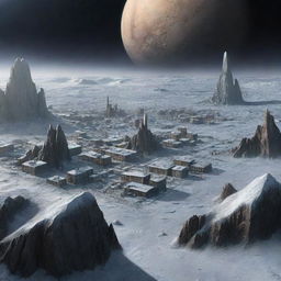 An imaginative rendering of a city on Pluto, depicting architecture designed to survive in the icy, remote conditions of this dwarf planet.