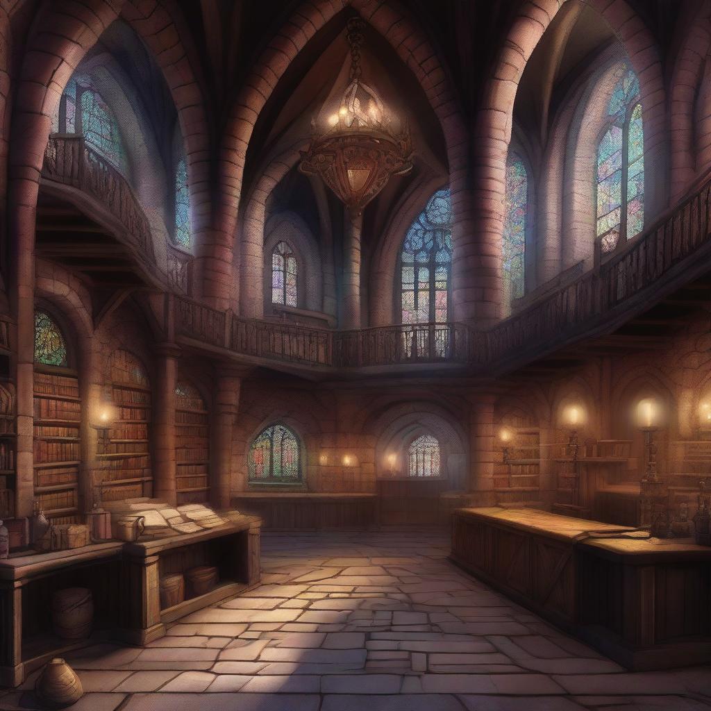 A high-quality digital art image showcasing the interior of a large, medieval, fantasy-style scientific research centre