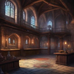 A high-quality digital art image showcasing the interior of a large, medieval, fantasy-style scientific research centre