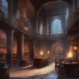 A high-quality digital art image showcasing the interior of a large, medieval, fantasy-style scientific research centre