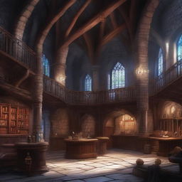 A high-quality digital art image showcasing the interior of a large, medieval, fantasy-style scientific research centre