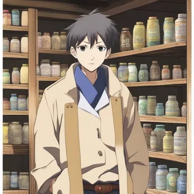 The anime character is portrayed as a middleman who travels between villages, procuring rare artifacts and selling them to collectors.