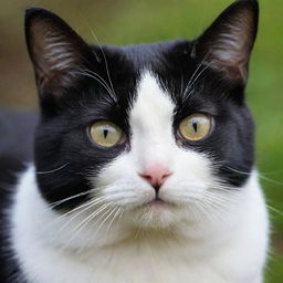 An image of a black and white cat, its contrasted fur clean and glossy, with inquisitive bright eyes