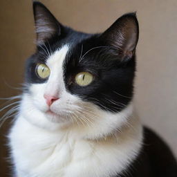 An image of a black and white cat, its contrasted fur clean and glossy, with inquisitive bright eyes