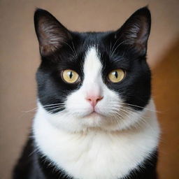 An image of a black and white cat, its contrasted fur clean and glossy, with inquisitive bright eyes