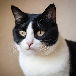 An image of a black and white cat, its contrasted fur clean and glossy, with inquisitive bright eyes