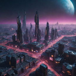 An image depicting a Cyberpunk-style city on Mercury, standing against the stark, cratered landscape, filled with neon-lit, high-tech constructions made to withstand extreme temperatures.