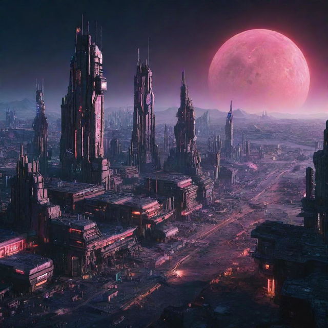 An image depicting a Cyberpunk-style city on Mercury, standing against the stark, cratered landscape, filled with neon-lit, high-tech constructions made to withstand extreme temperatures.