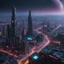 An image depicting a Cyberpunk-style city on Mercury, standing against the stark, cratered landscape, filled with neon-lit, high-tech constructions made to withstand extreme temperatures.