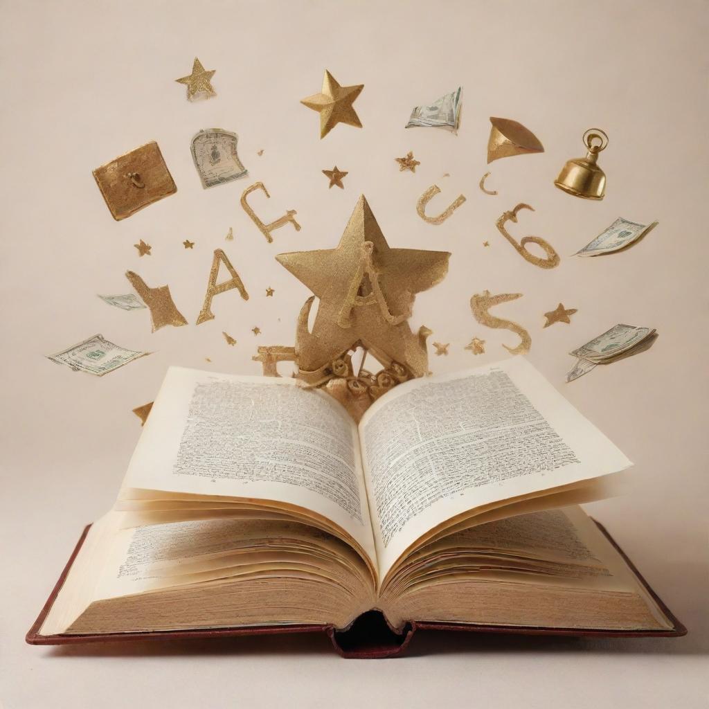 An open book with letters ABC emerging from it, turning into various symbols of success and goals - a diploma, a trophy, a money bag, a compass, a ladder leading to a star.