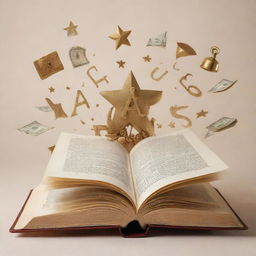 An open book with letters ABC emerging from it, turning into various symbols of success and goals - a diploma, a trophy, a money bag, a compass, a ladder leading to a star.