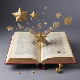 An open book with letters ABC emerging from it, turning into various symbols of success and goals - a diploma, a trophy, a money bag, a compass, a ladder leading to a star.