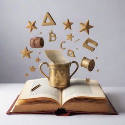 An open book with letters ABC emerging from it, turning into various symbols of success and goals - a diploma, a trophy, a money bag, a compass, a ladder leading to a star.