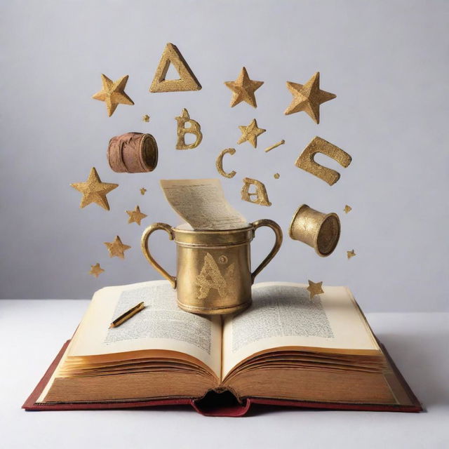 An open book with letters ABC emerging from it, turning into various symbols of success and goals - a diploma, a trophy, a money bag, a compass, a ladder leading to a star.