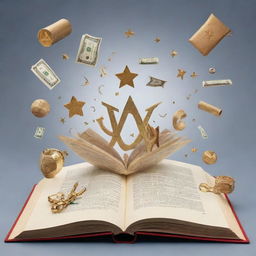 An open book with letters ABC emerging from it, turning into various symbols of success and goals - a diploma, a trophy, a money bag, a compass, a ladder leading to a star.