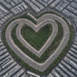 A heart shaped city layout from an aerial view, designed with streets and buildings forming a love heart.