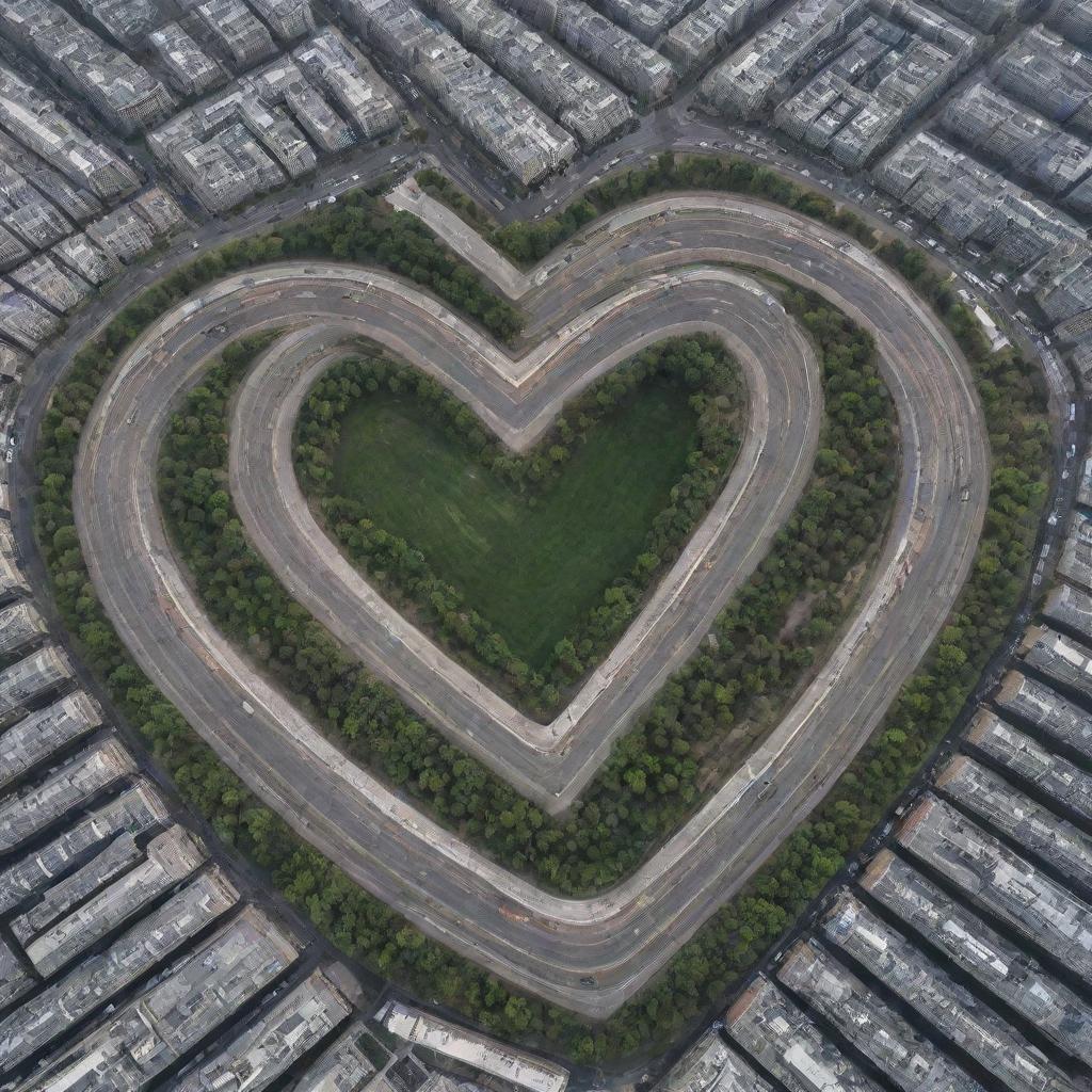 A heart shaped city layout from an aerial view, designed with streets and buildings forming a love heart.