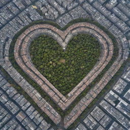 A heart shaped city layout from an aerial view, designed with streets and buildings forming a love heart.