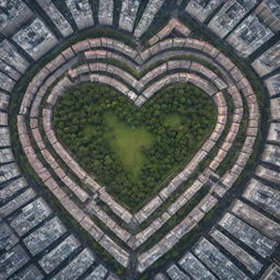 A heart shaped city layout from an aerial view, designed with streets and buildings forming a love heart.