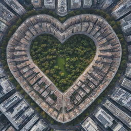 A heart shaped city layout from an aerial view, designed with streets and buildings forming a love heart.