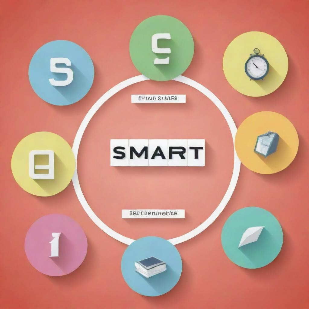 An illustration showing the concept of SMART (Specific, Measurable, Achievable, Relevant, Time-bound) goals. Each letter of SMART transforming into its corresponding meaning.