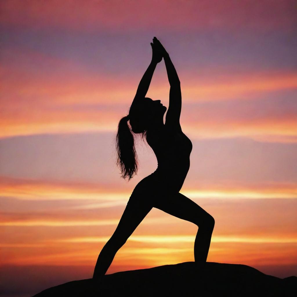 A silhouette of a person in a yoga pose, set against a beautiful, vibrant sunrise.