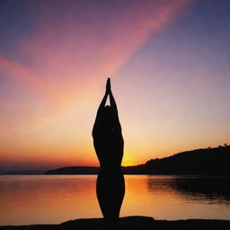 A silhouette of a person in a yoga pose, set against a beautiful, vibrant sunrise.