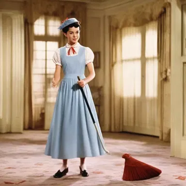 The protagonist in the movie 'Mary Poppins' uses a sweeper to magically clean up the children's nursery.