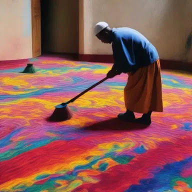 The artist created a stunning painting of a sweeper diligently cleaning a colorful carpet with the help of revolving brushes.