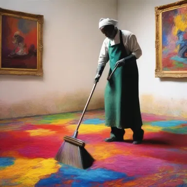 The artist created a stunning painting of a sweeper diligently cleaning a colorful carpet with the help of revolving brushes.