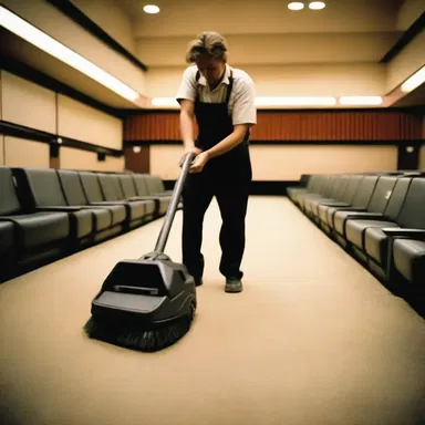 The sweeper was responsible for keeping the movie theater floors clean.